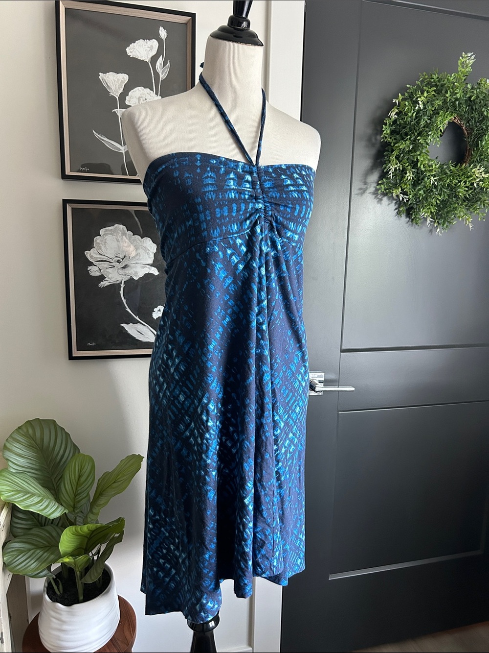 💙 M organic cotton Blue Patterned Strapless Halter Dress